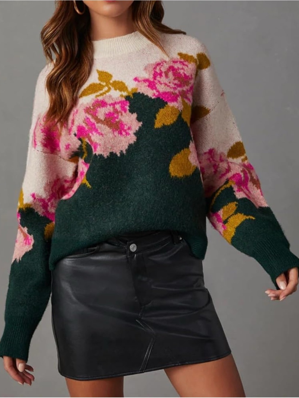 Floral Crewneck Sweater - Pink & Dark Green size Large